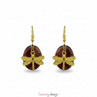 Pink and purple agate earrings accented with gold metal dragonfly